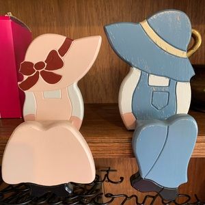 Vintage Handmade Farmhouse Wooden Amish Boy & Girl Shelf Sitters Blue & Pink